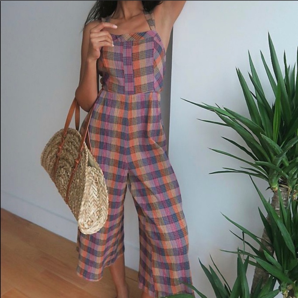 Free People Zuzu Indigo Plaid Wide Leg Jumpsuit 4